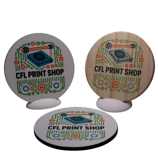 🌟 CFL Print Shop Logo Coasters – Wood 🪵 | Rubber 🖱️ | MDF ⚙️
